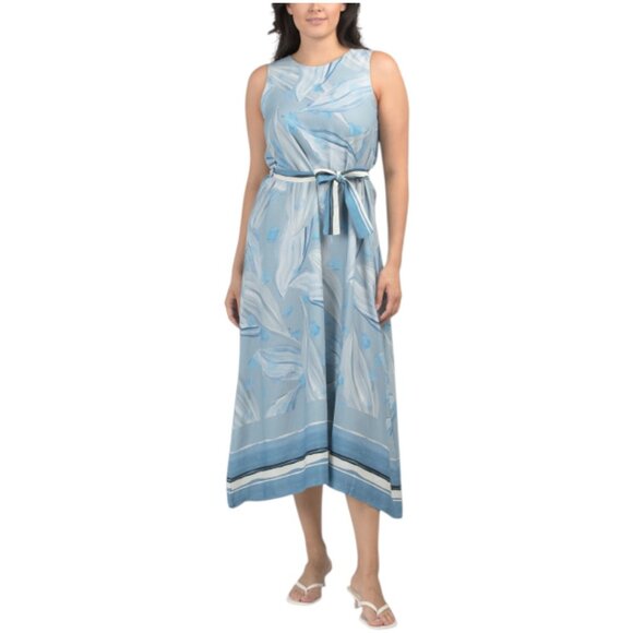 LA RAGAZZE Linen Blend Round Neck Maxi Dress With Border Print - Picture 1 of 2